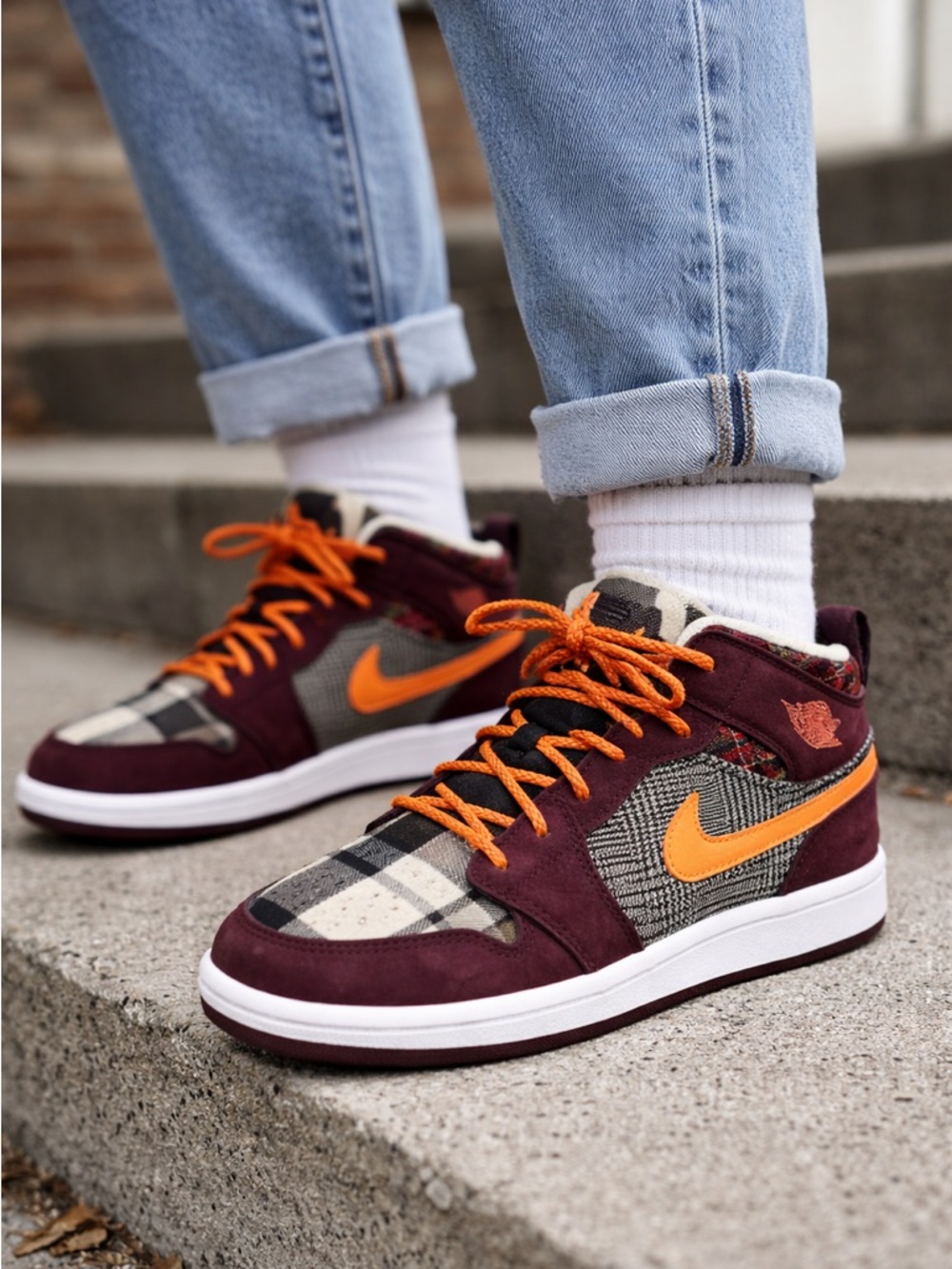 Nike Air Jordan 1 Mid GS Plaid Orange FD5461-608 Youth 3Y Burgundy Sneaker